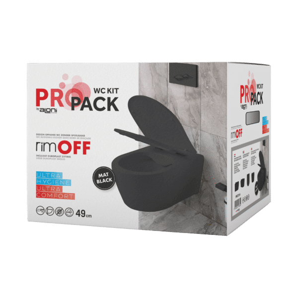 ALONI PRO WC SUSPENDU – SANS BRIDE – AVEC ABATTANT – DUROPLAST – SOFT CLOSE – QUICK RELEASE – COMPACT 49 CM - 36X32X49 CM – NOIR MAT