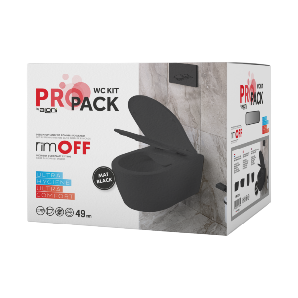 Aloni Pro Wc Suspendu – Sans Bride – Avec Abattant – Duroplast – Soft Close – Quick Release – Compact 49 Cm - 36x32x49 Cm – Noir Mat