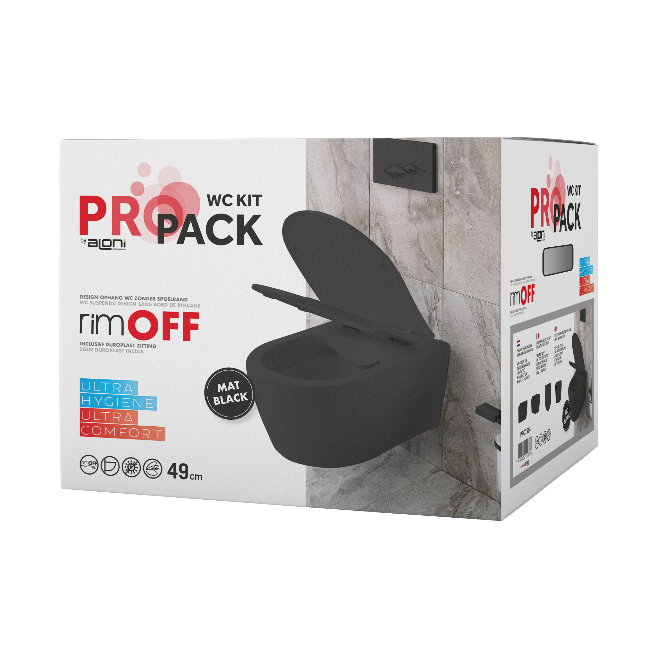 PRO7514_box-8.png Aloni Pro Wc Suspendu – Sans Bride – Avec Abattant – Duroplast – Soft Close – Quick Release – Compact 49 Cm - 36x32x49 Cm – Noir Mat – Image 1
