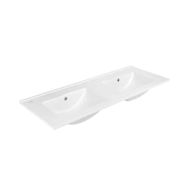 Su Washbasin - 2 Bowl - No Tap Holes - Ceramic - 121x46 Cm - Glossy White