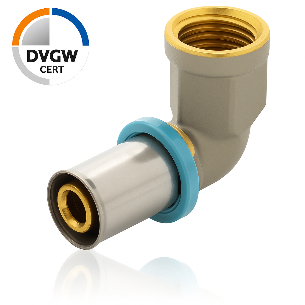 coude90F-6-1.png Erfu 90° Female Meerlagen Persknie 20 Mm X 1/2" Binnendraad-V Â Dvgw-Gecertificeerd, Geschikt Voor U-, H- En Th-Profiel - Afbeelding 1