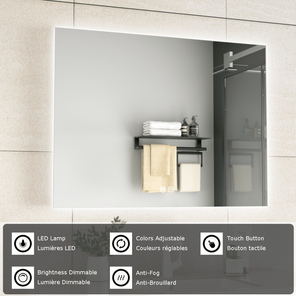 Erfu Spiegel Led Anti-Mist 80x60cm Vierkant - Afbeelding 3