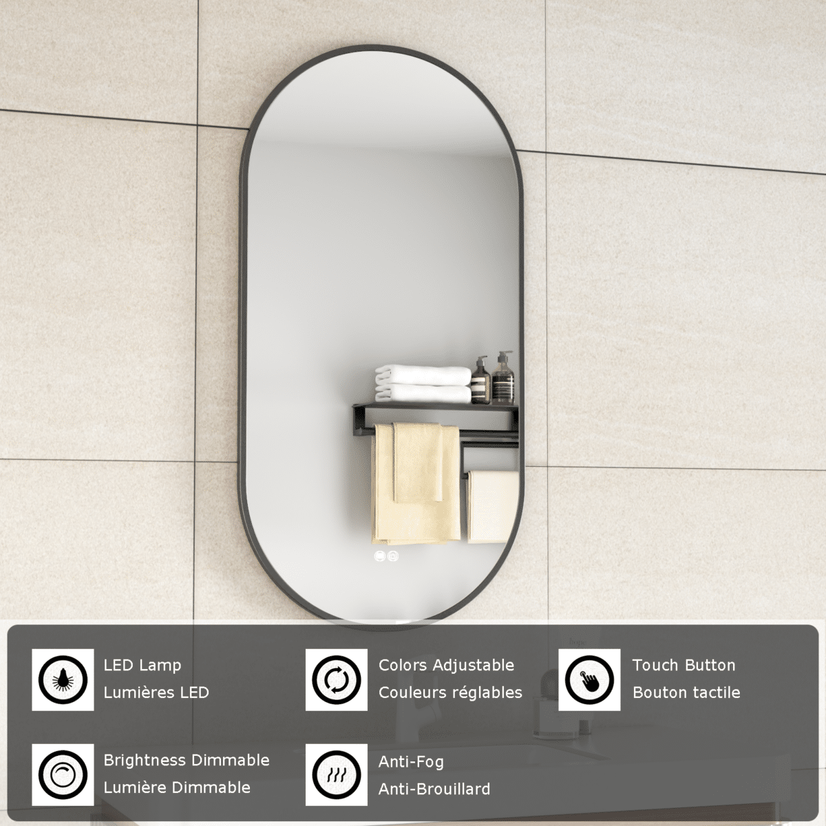 Erfu Miroir Led Anti Brouillard L50xh100cm Noir Mat – Image 8