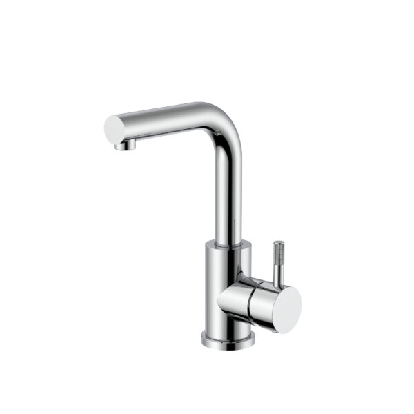 Stria Mitigeur Lavabo/Évier – Bec Droit – Mobile – Démarrage À Froid – Poignée Avec Structure Striée Raffinée – Sans Bonde – Chrome