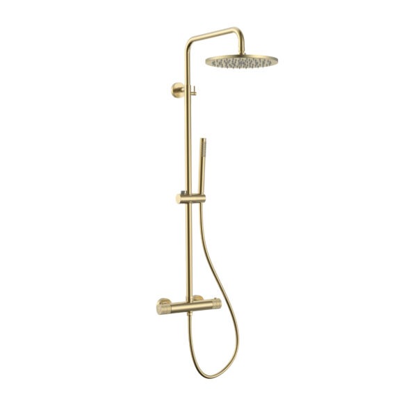 Ensemble De Douche Stria Rain - Thermostatique - Cool Touch - Douche De Tête 30 Cm - En Saillie - Boutons À Texture Nervurée Raffinée - Or Brossé (Pvd)