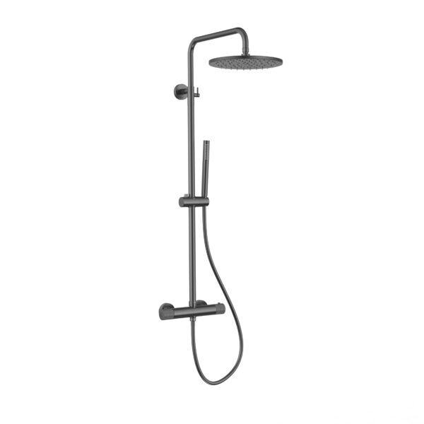 Stria Ensemble De Douche Pluie – Thermostatique – Cool Touch – Douche De Tête 30 Cm – Montage Apparente – Boutons S Avec Structure Striée Raffinée – Gunmetal (Pvd)
