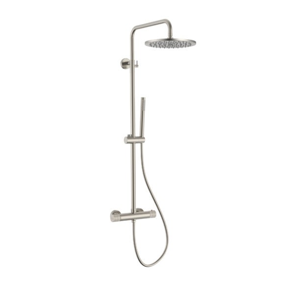 STRIA ENSEMBLE DE DOUCHE PLUIE – THERMOSTATIQUE – COOL TOUCH – DOUCHE DE TÊTE 30 CM – MONTAGE APPARENTE – BOUTONS S AVEC STRUCTURE STRIÉE RAFFINÉE –  ACIER INOX BROSSÉ
